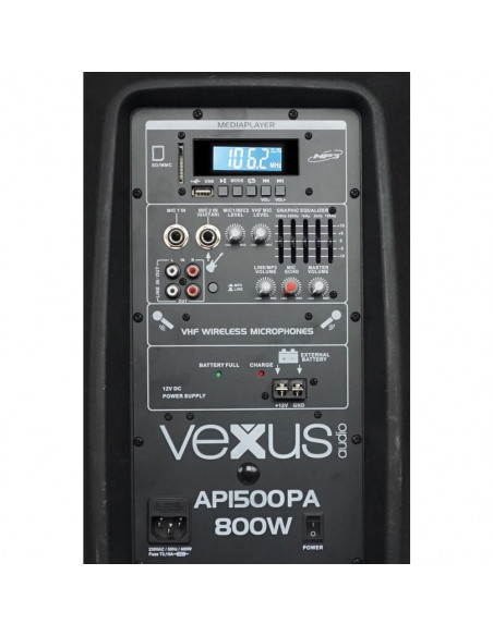 Coluna Portátil 15" 800W USB/SD/MP3 + 2 Mic. Vexus