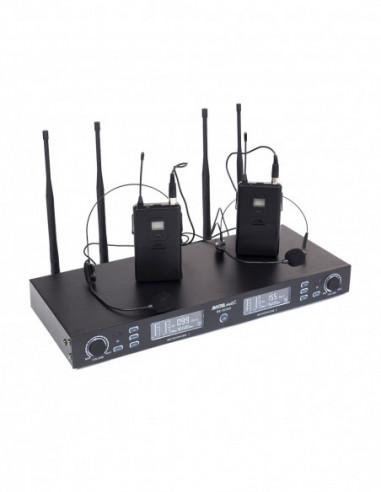 Wireless UHF dual channel system  with two head set transmitters with LCD display.