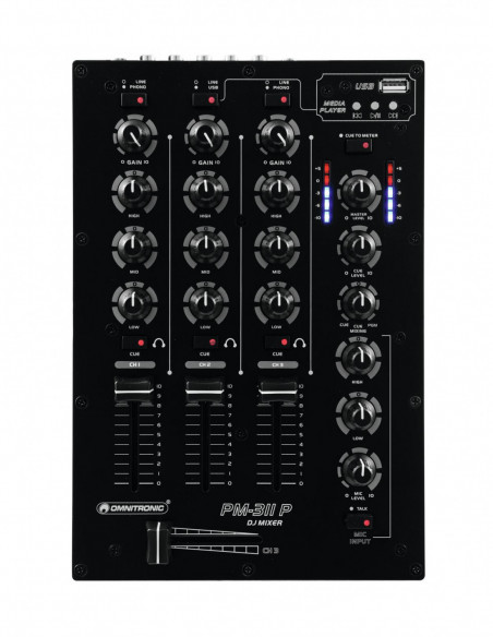OMNITRONIC PM-311P DJ Mixer with Player - Mixer de DJ de 3 canais com MP3 player integrado