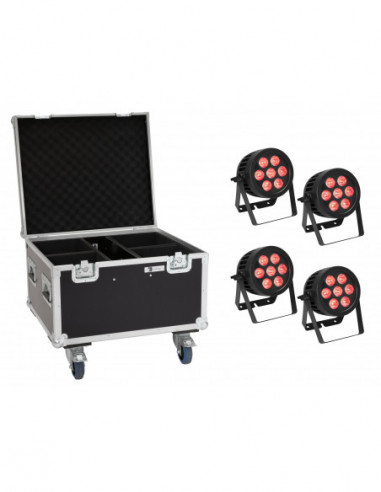 EUROLITE Set 4x LED IP PAR 7x8W QCL Spot + Case with wheels